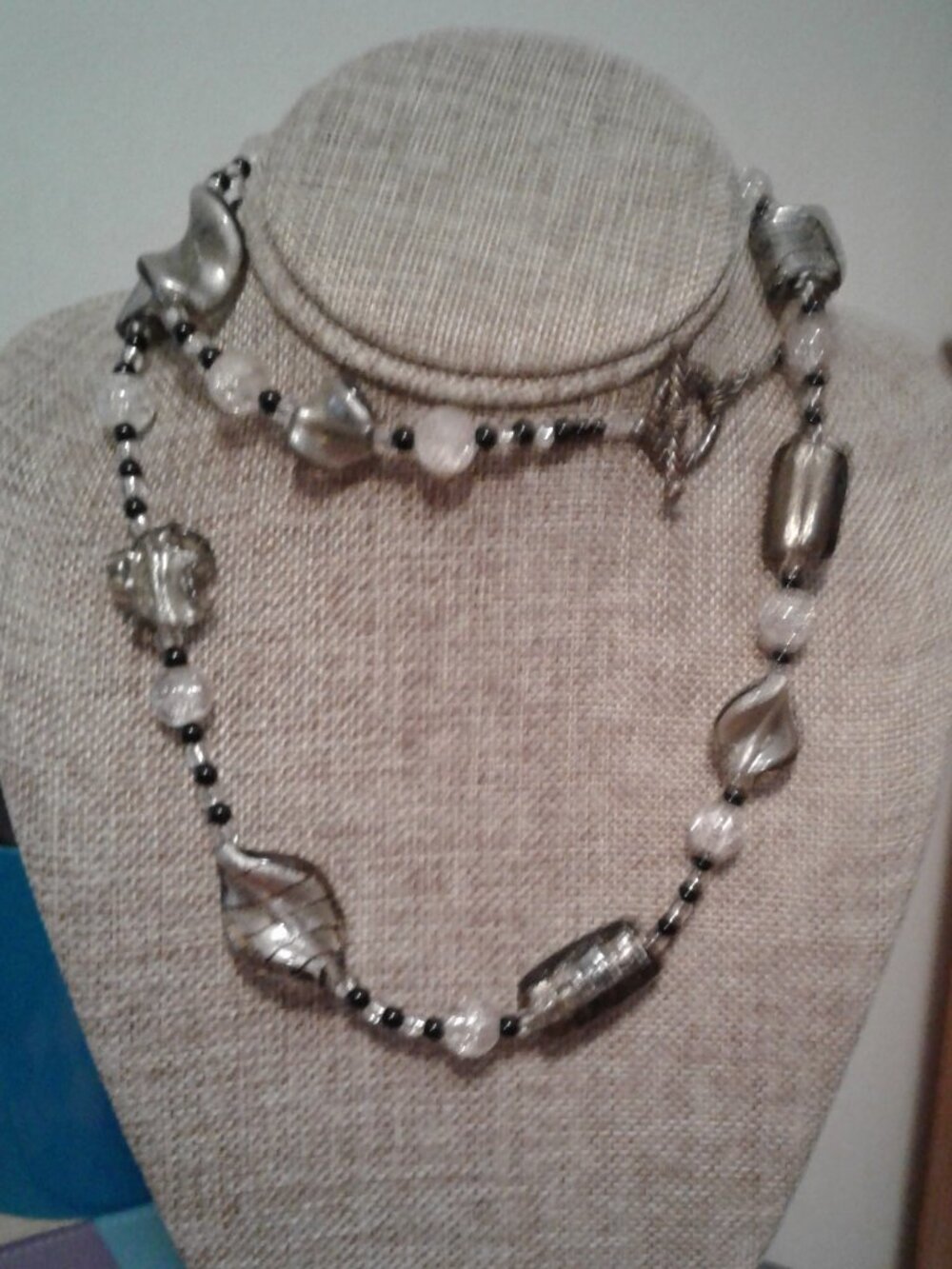 Silver/Black Dichroic Glass Bead Necklace w/Toggle Clasp 30" Long LNC